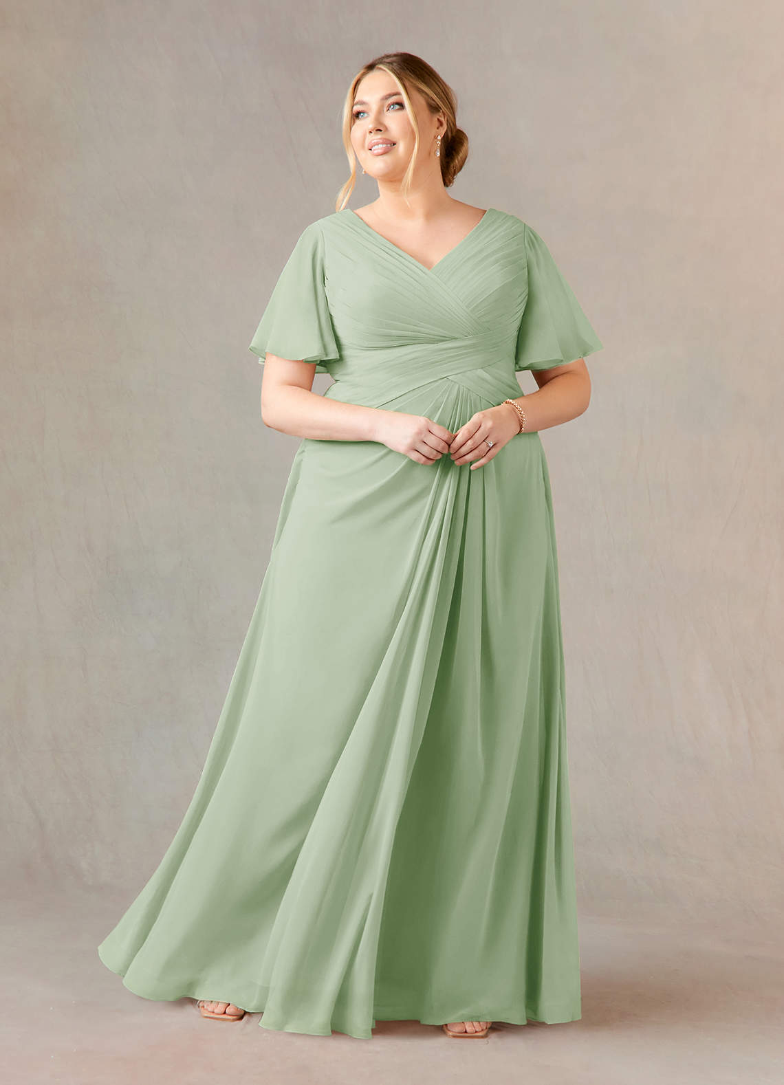 Azazie Morning Glory Mother of the Bride Dresses Dusty Sage A-Line V-Neck Ruched Chiffon Dress image1
