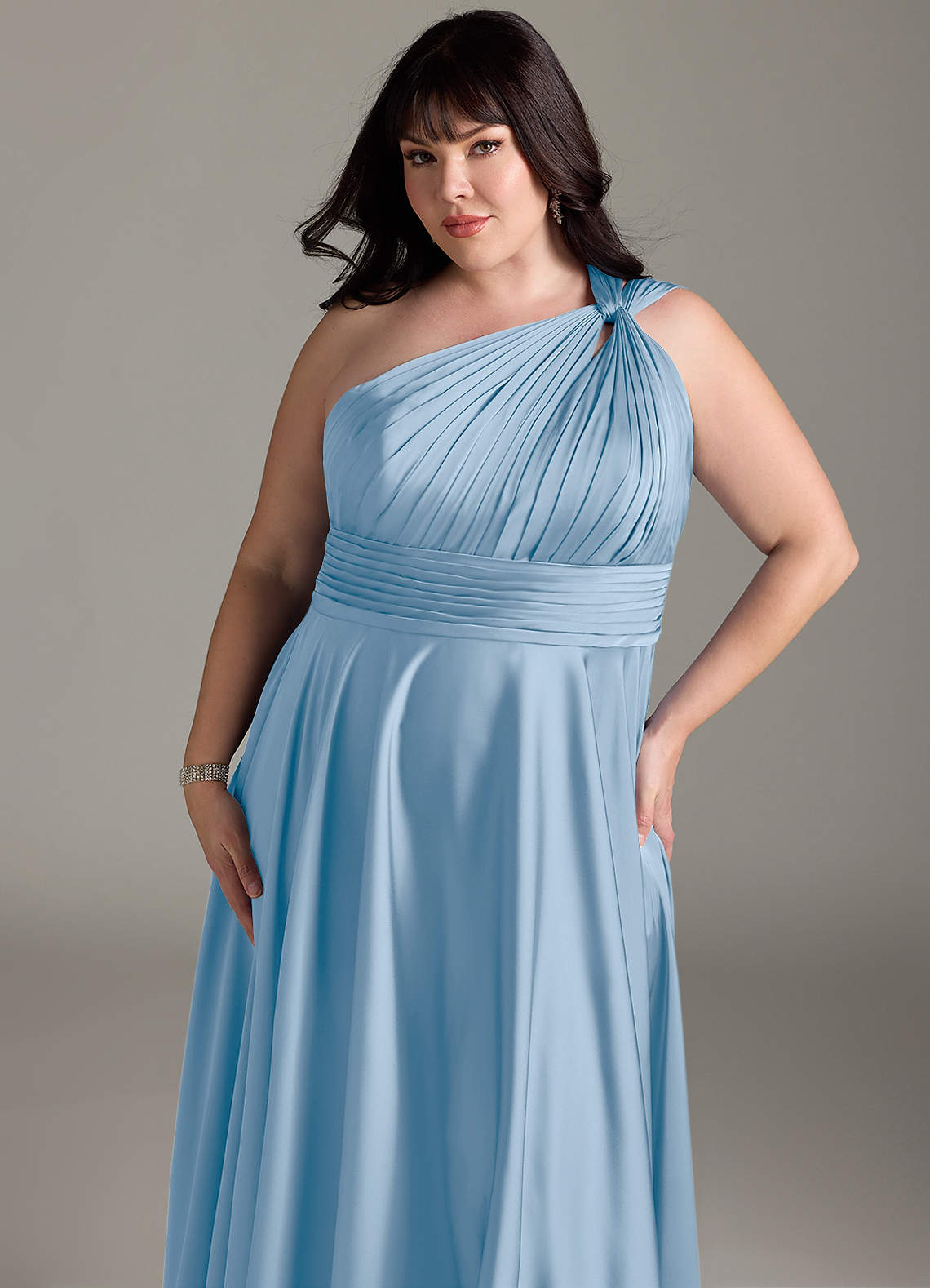 Azazie Charlize Bridesmaid Dresses Powder Blue A-Line One Shoulder Stretch Satin Dress image13