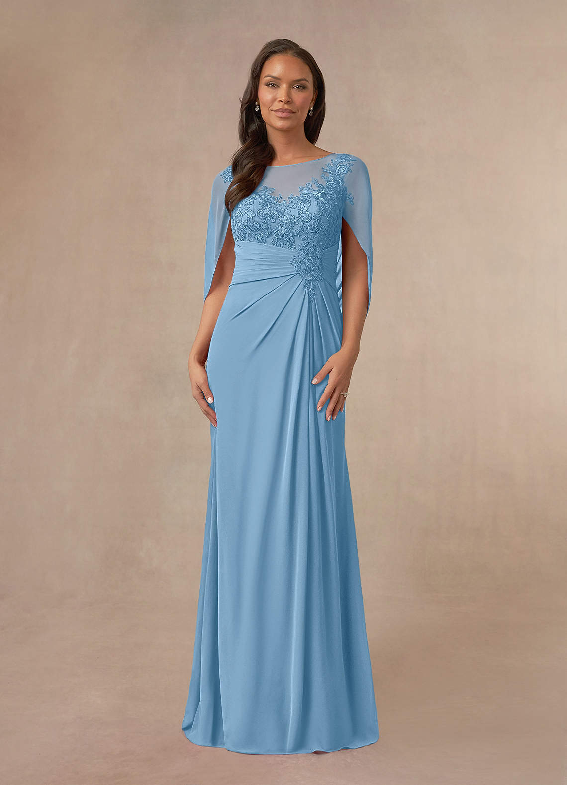 Azazie Hera vestidos de madre de la novia Vestido de Azul Acero de Gasa de Corte En A con Capa de encaje image1