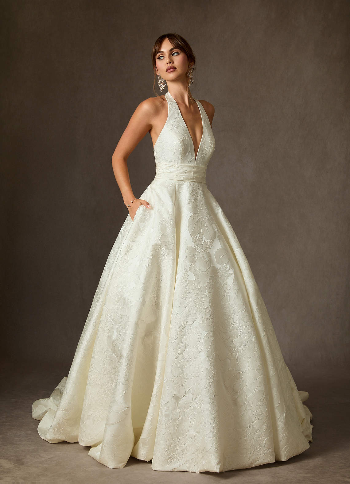 Azazie Saphira Wedding Dresses Antique White Ball-Gown with Pockets Floral Jacquard Dress image4