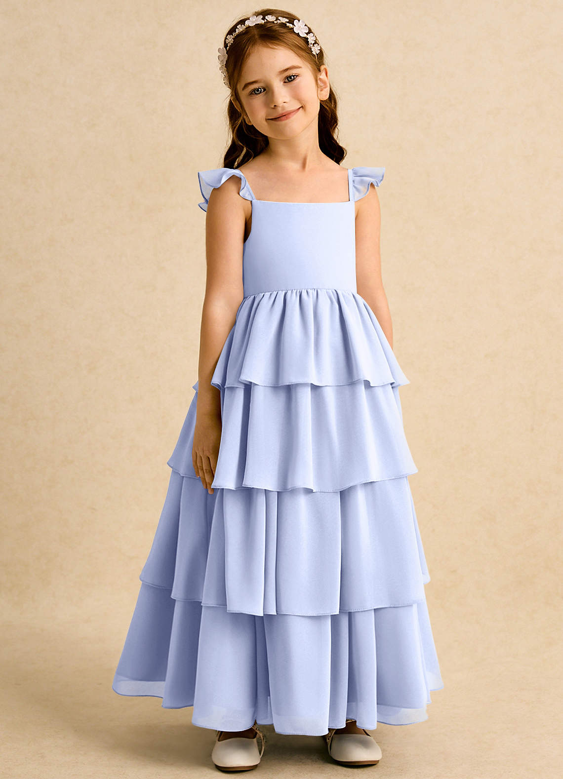 Azazie Boba Blumenmädchenkleider A-Linie Rechteckiger Ausschnitt Chiffon Kleid Eis image1