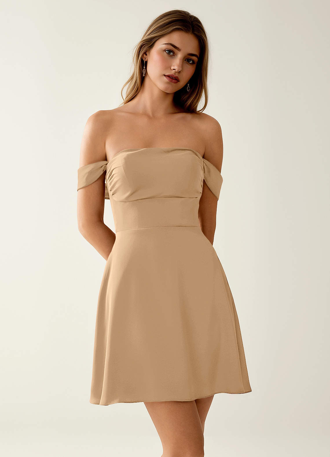 champagne lace short dress Off-the-Shouder Short Champagne Prom Dress with Beads– PromGirl