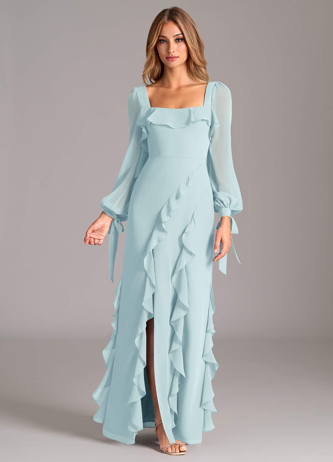 Azazie Candice Bridesmaid Dresses Sea Glass A-Line Long Sleeve Chiffon Dress image1