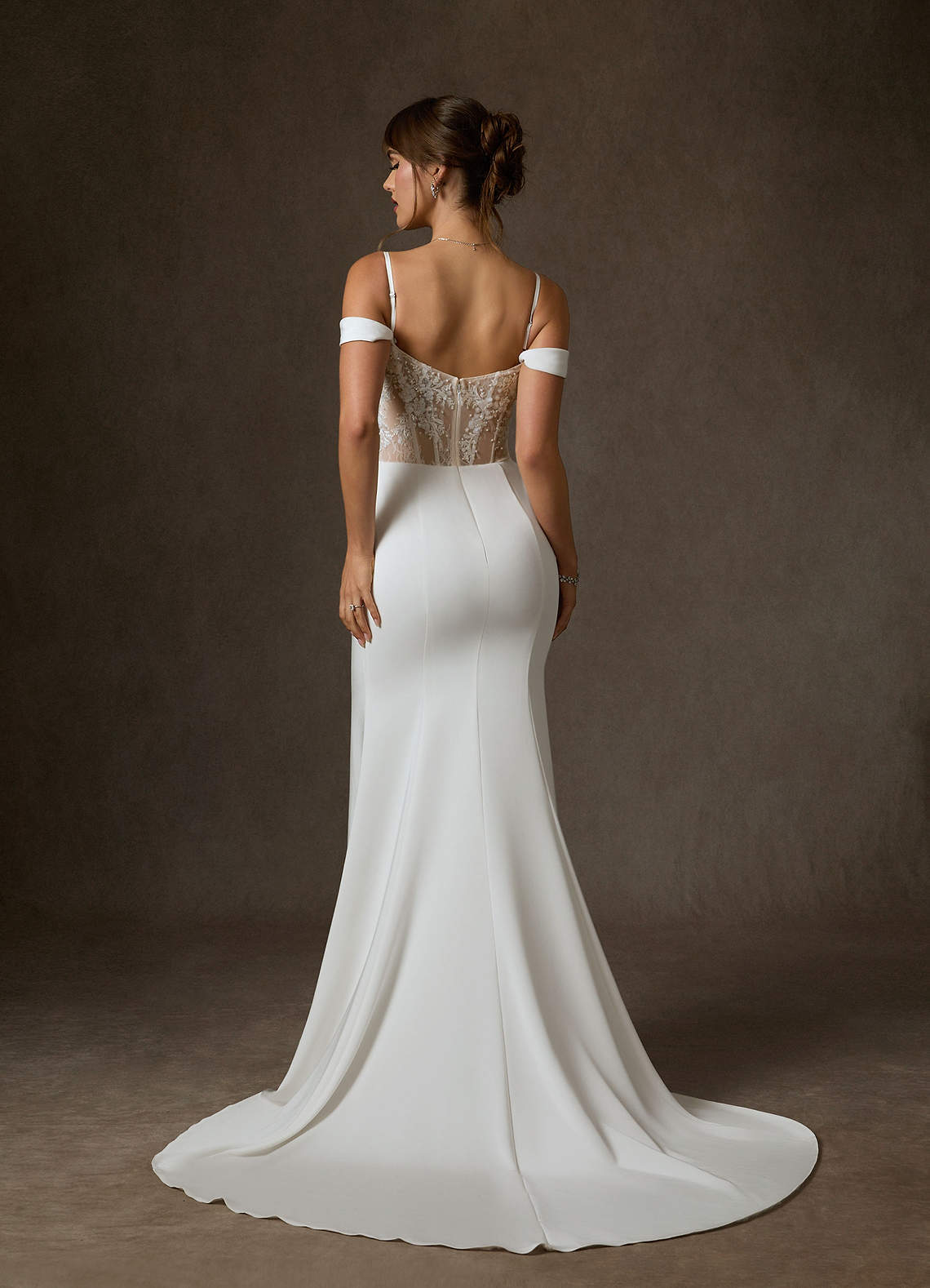 Azazie Alyce Wedding Dresses Diamond White Nude Mermaid Off the Shoulder Crepe Back Satin Dress image10