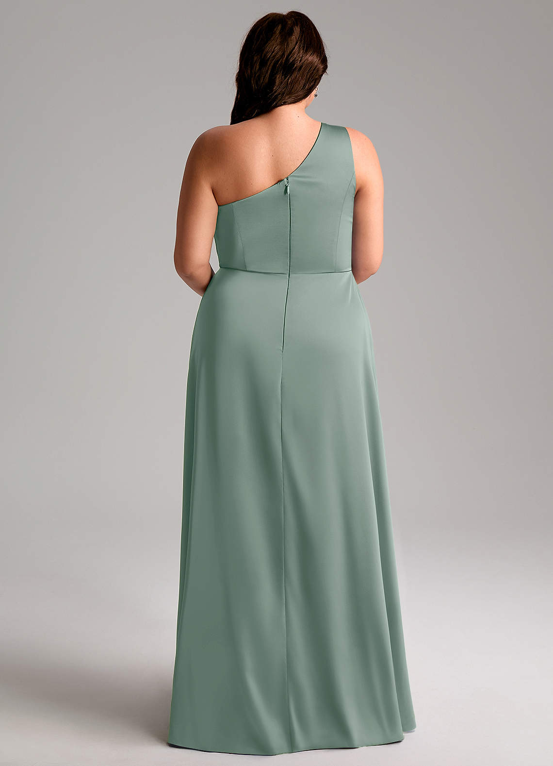 Azazie Brooke At-home Try On Dresses Emerald A-Line One Shoulder Stretch Satin Dress image9