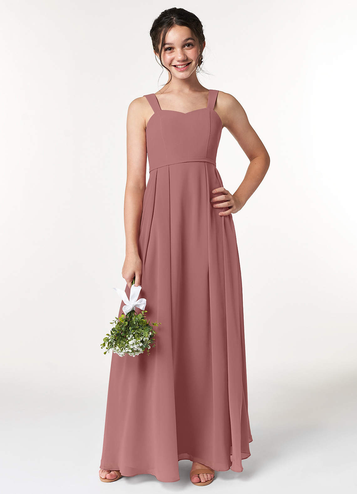 Azazie Simoan Junior Abito A-Line in Chiffon Scollo a Cuore Rosa Del Deserto image1