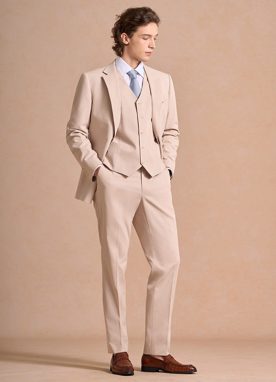 front Carter Tan Cotton Linen Blend 3-Piece Suit