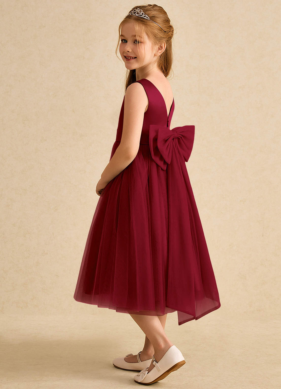 Azazie Winnie Robe Demoiselle D'honneur Fillette Robe Princesse en Tulle Arc Bourgogne image4