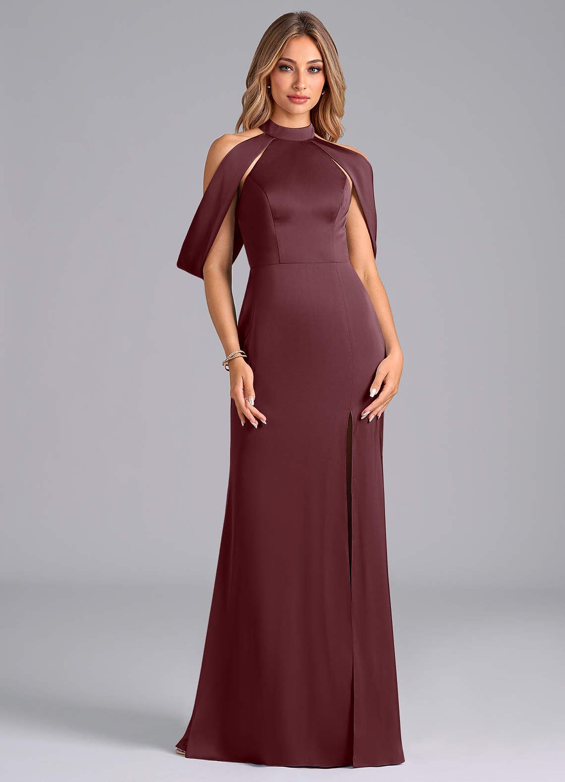 Azazie Bonny Bridesmaid Dresses Sangria Mermaid Off the Shoulder Stretch Satin Dress image1