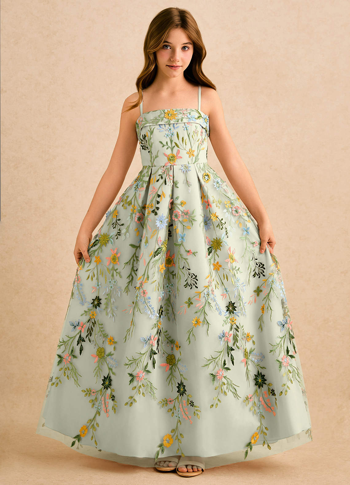 Azazie Lark Girls Formal Blomsterpigekjoler A-Line Plisseret Blonder Gulv-længde Kjole image3