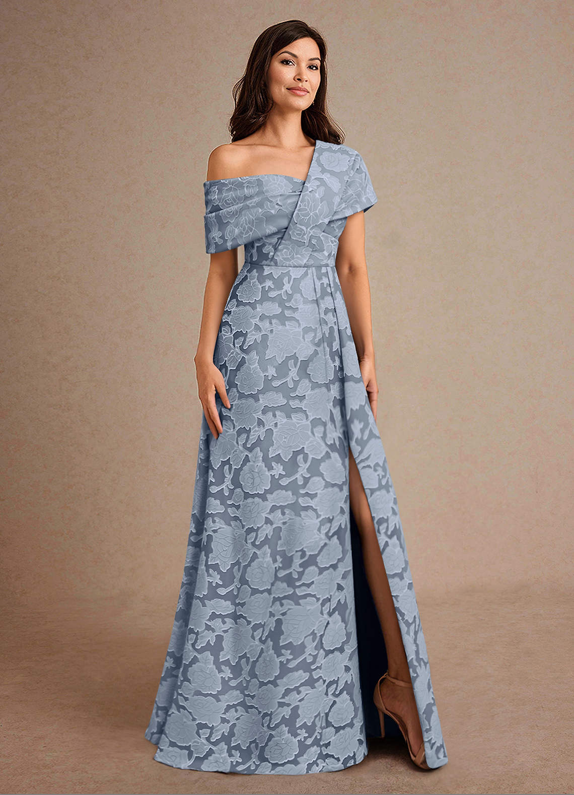 Azazie Milton vestidos de madre de la novia Vestido de Azul Polvoriento de Devorado Floral de Corte En A con Plisado image4