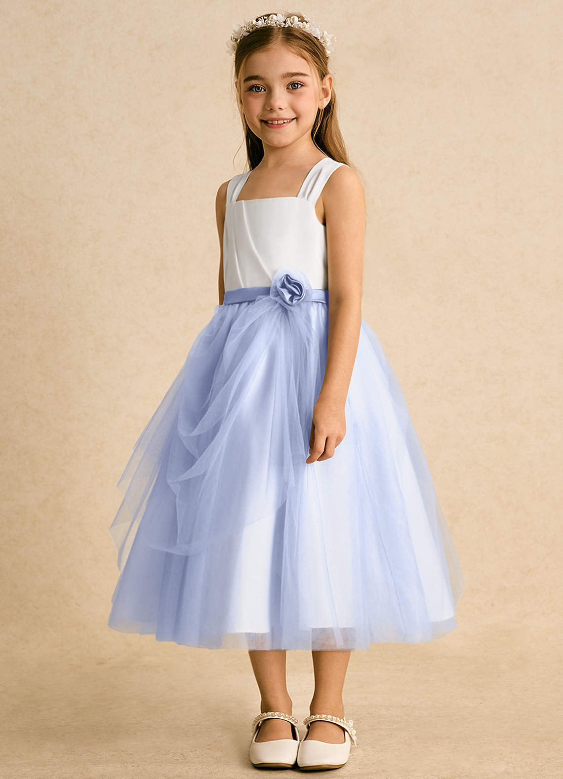 Azazie Bonny Flower Girl Dresses Ivory Ice Ball-Gown Pleated Tulle Dress image1