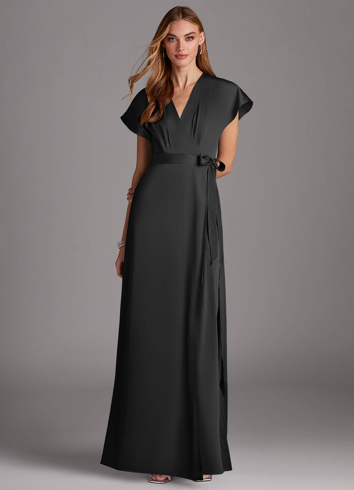 Azazie Nico Bridesmaid Dresses Black A-Line V-Neck Stretch Satin Dress image1