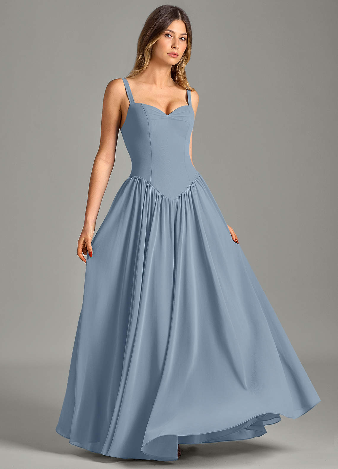 Azazie Evadina Kleider zum Anprobieren zu Hause A-Linie Korsett Chiffon Kleid Staubblau image2