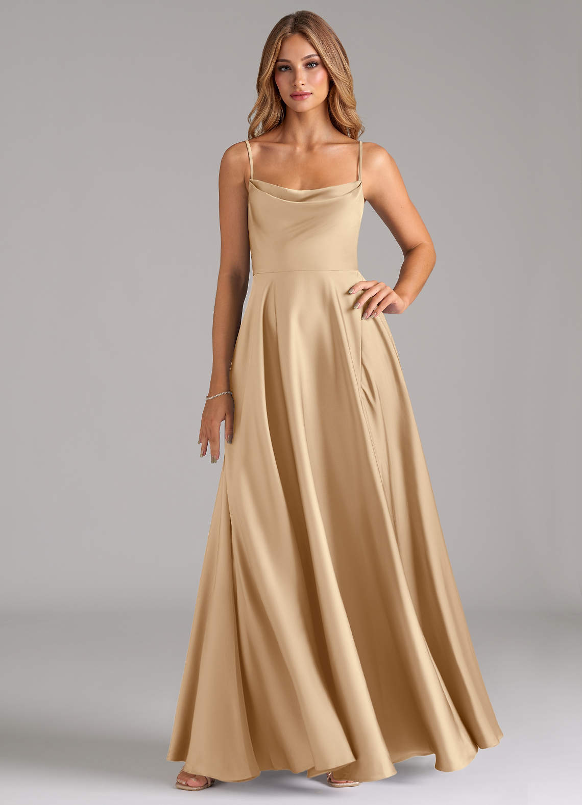 Azazie Elle Bridesmaid Dresses Champagne A-Line Pleated Stretch Satin Dress image1