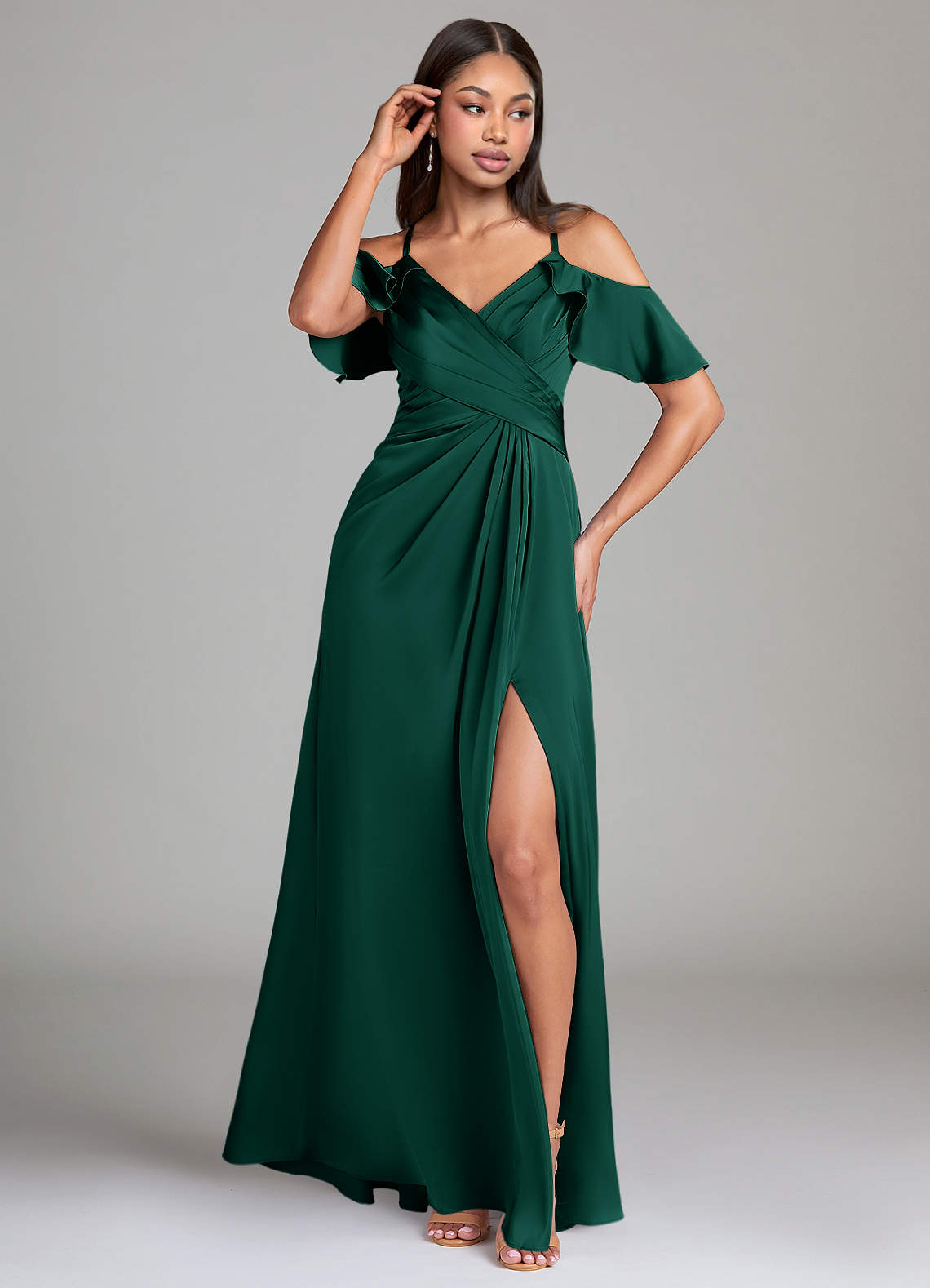slim fit dress slacks Zapaka Women Dark Green Bridesmaid Dress A Line Off The Shouder Satin Long Wedding Party Guest Dress, Dark Green / US12 main image 1