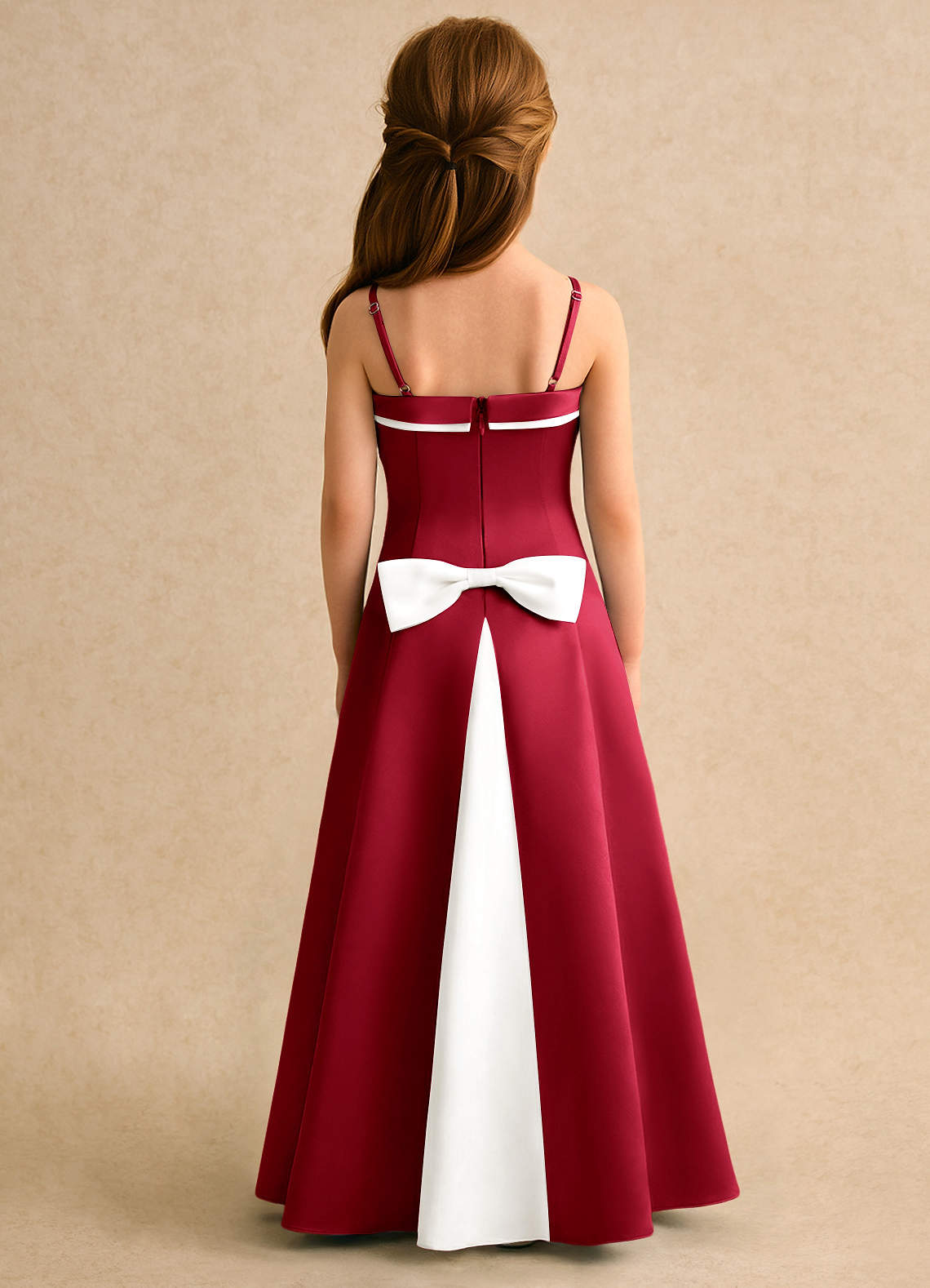 Azazie A-Line/Princess Scalloped Neck Floor-Length Matte Satin Flower Girl Dresses - Ivory/Scarlet