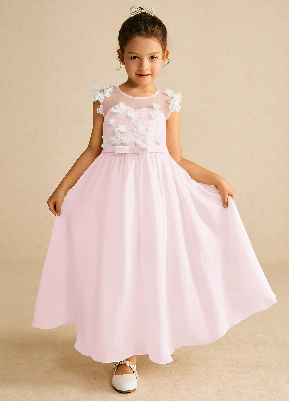 Azazie Arlo Flower Girl Dresses Blushing Pink Ivory A-Line Bow Chiffon Dress image1