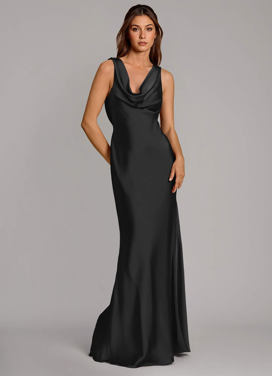 Azazie Cheryl Vestidos de damas de honor Vestido de Negro de Satén Elástico de Corte Sirena image4