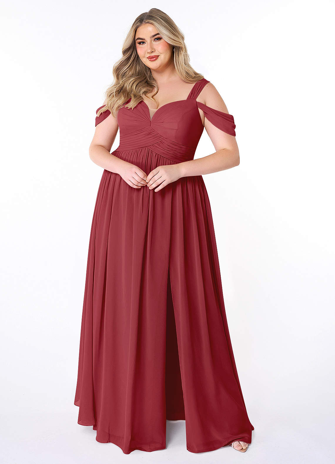 Azazie Lianne Bridesmaid Dresses Pomegranate A-Line Off the Shoulder Chiffon Dress image1