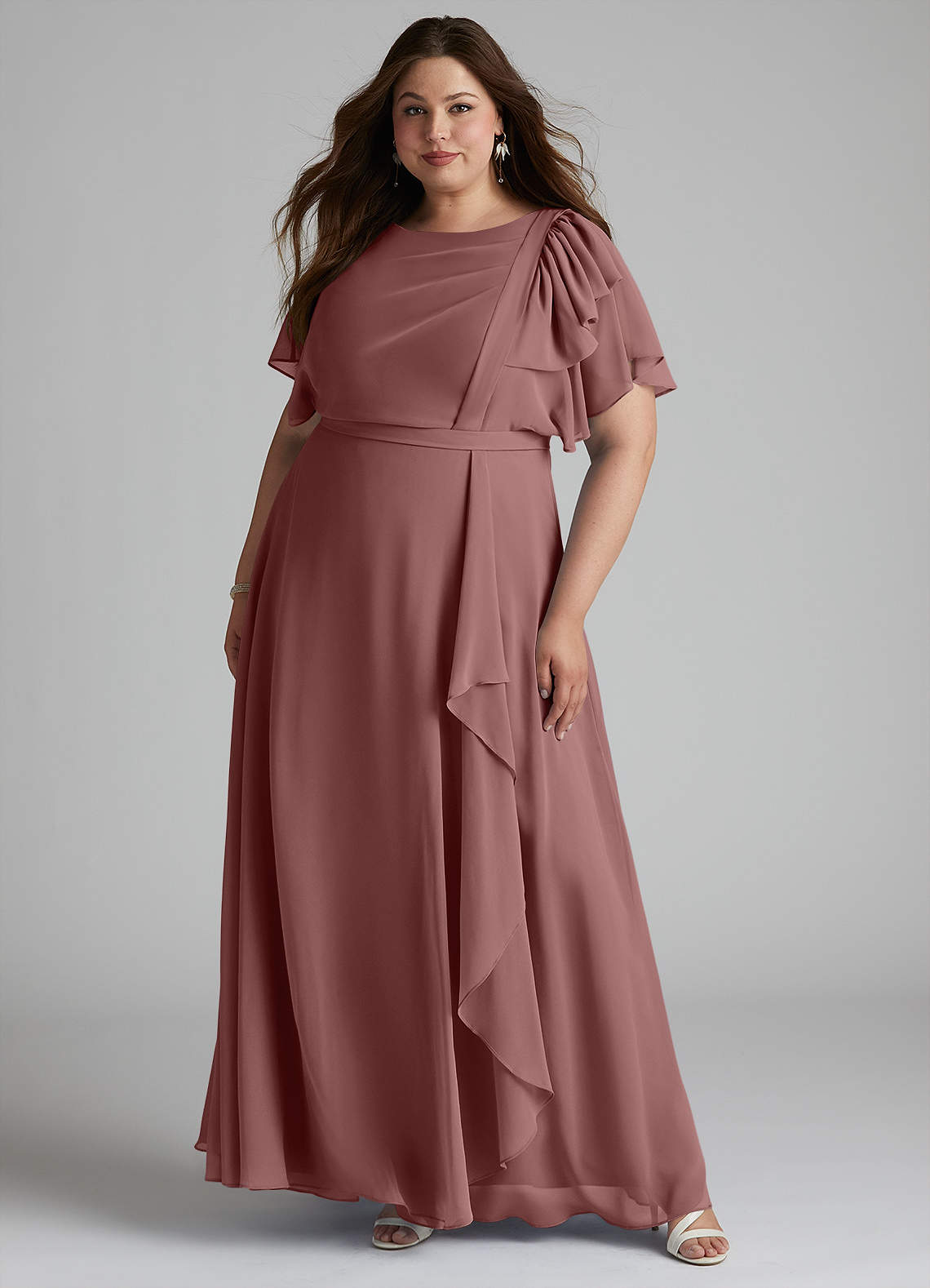 Azazie Aaliyah Modest Bridesmaid Dresses A-Line Scoop Pleated Chiffon Floor-Length Dress image1