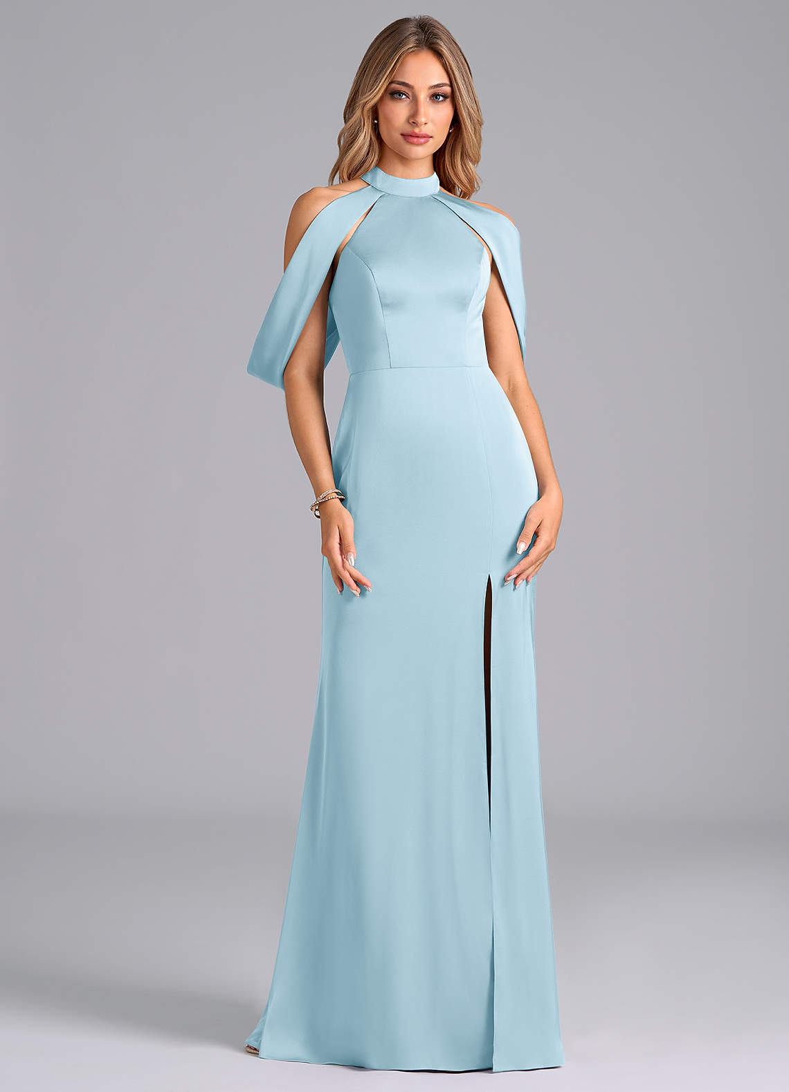 Azazie Bonny Bridesmaid Dresses Sky Blue Mermaid Off the Shoulder Stretch Satin Dress image1