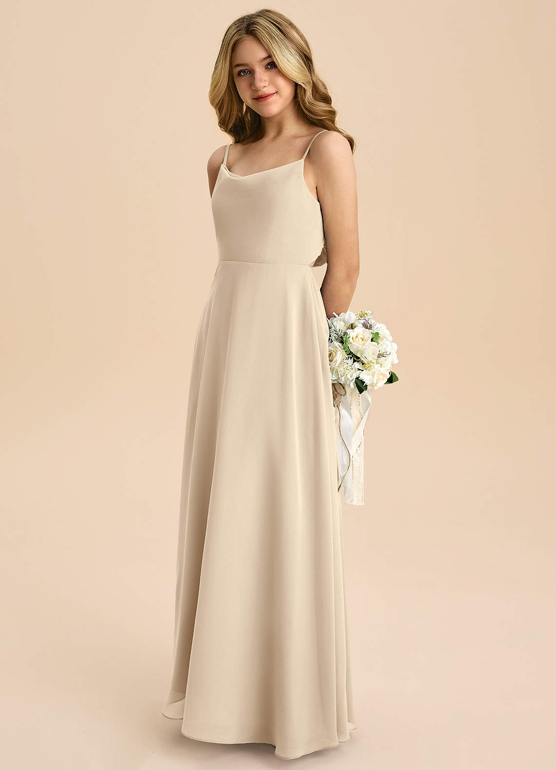 Azazie Shale Junior Champagne A-Line Bow Chiffon Dress image5