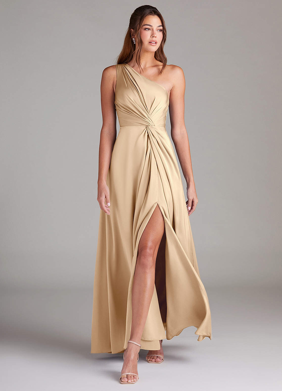 Azazie Brooke Bridesmaid Dresses Champagne A-Line One Shoulder Stretch Satin Dress image2