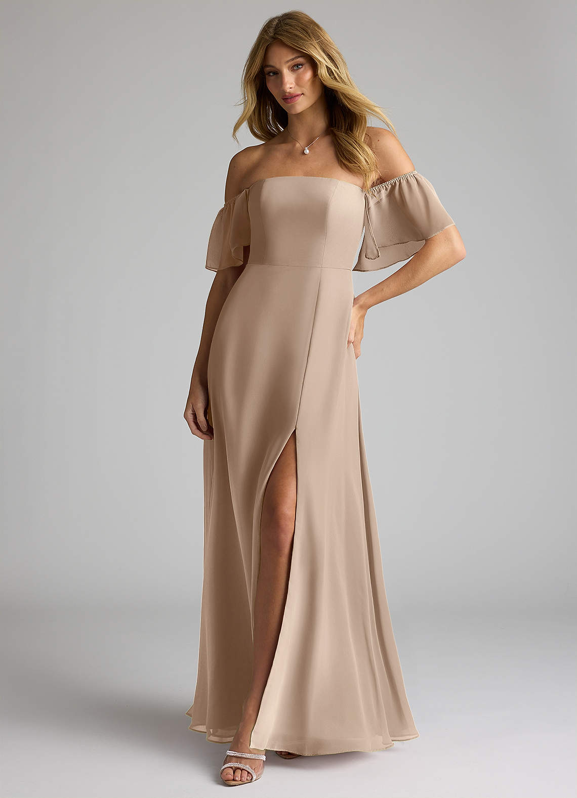 Azazie A-Line Off The Shoulder Floor-Length Chiffon Bridesmaid Dresses - Taupe