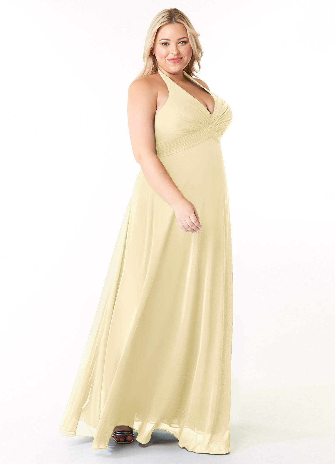 Azazie Tessie Bridesmaid Dresses Lemon Sorbet A-Line V-Neck Pleated Chiffon Dress image7