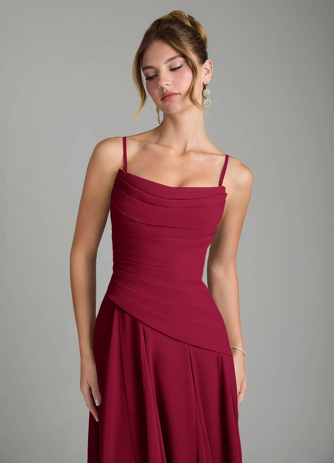 Azazie Gabriela At-home Try On Dresses Burgundy A-Line Corset Chiffon Dress image8