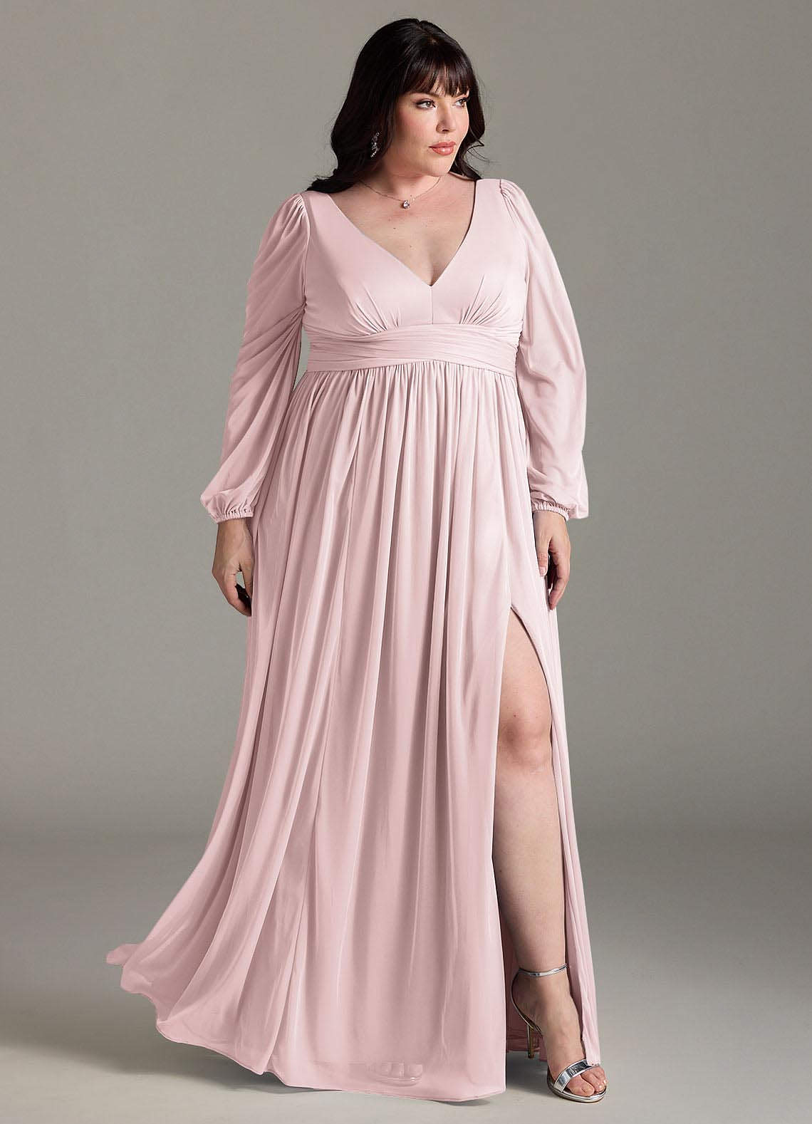 Azazie Norah Abiti da Damigella Abito A-Line in Chiffon con Maniche lunghe e Scollo a V Rosa Rossore image8