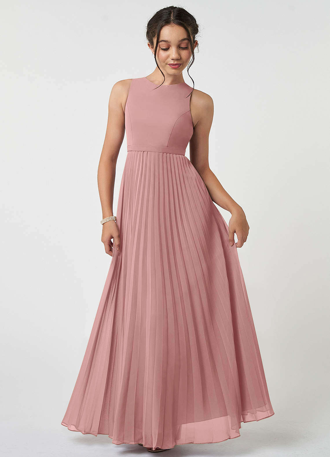 Azazie Lindie Junior A-Linie Plissee Chiffon Kleid Altrosa image1