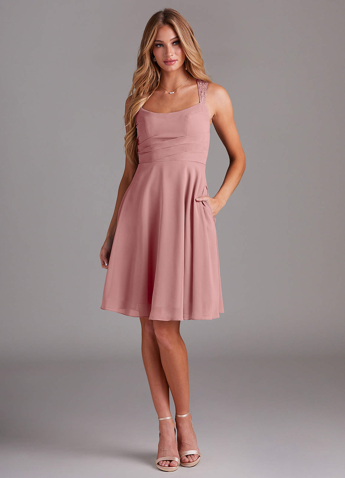 Azazie Vina Bridesmaid Dresses Dusty Rose A-Line Lace Chiffon Dress image1