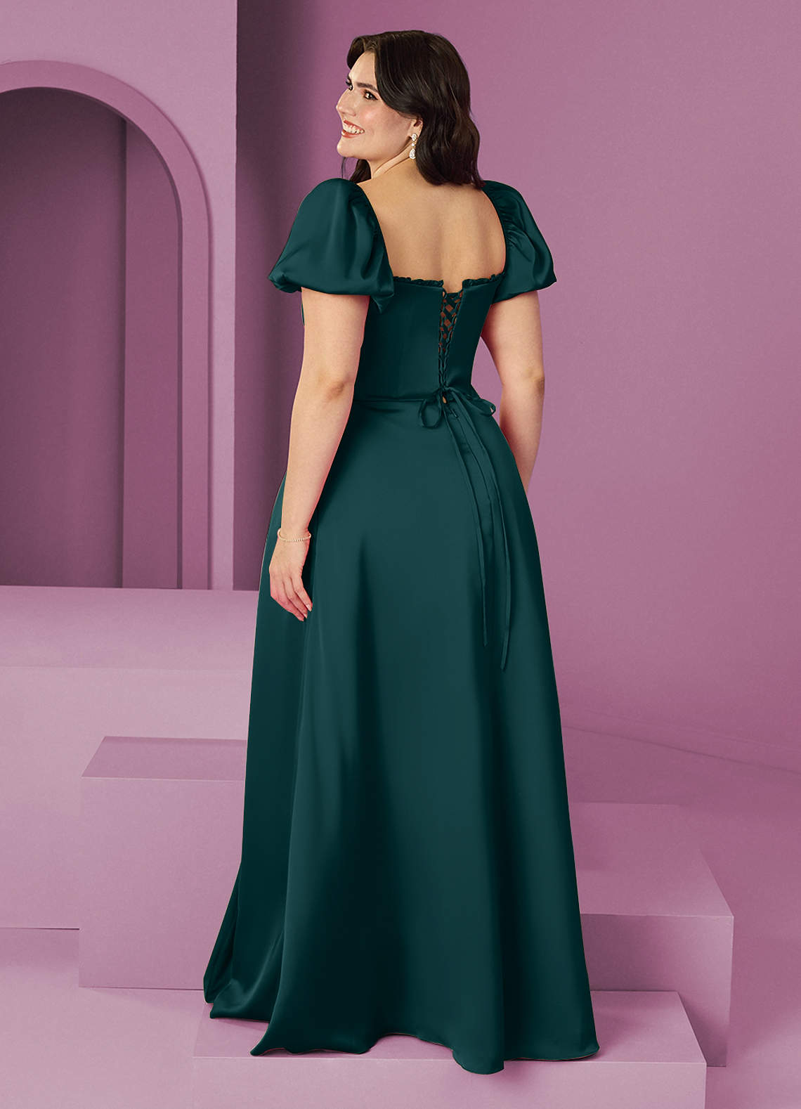 Barbie ♥ Azazie Robes de demoiselle d'honneur Robe Trapèze en Satin extensible Rayé Vert Pin image10