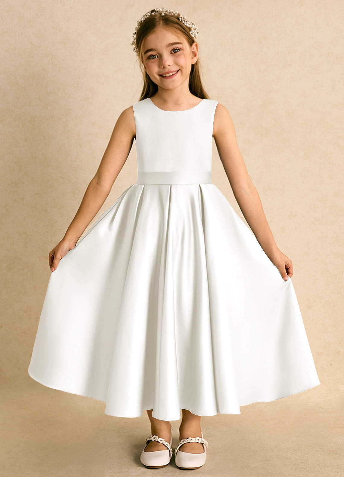 Azazie Junebuj vestidos de niña de las flores Vestido de Marfil de Satin Mate de Princesa con Plisado image3