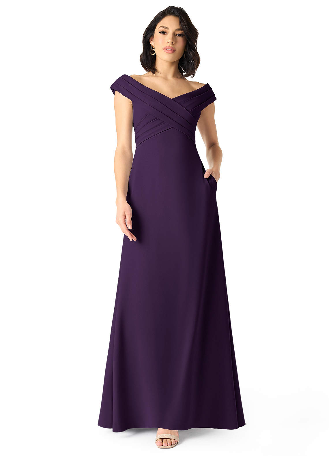 Azazie Evita Robes de demoiselle d'honneur Robe Trapèze en Crêpe Élastique Épaule décolletée Prune image1