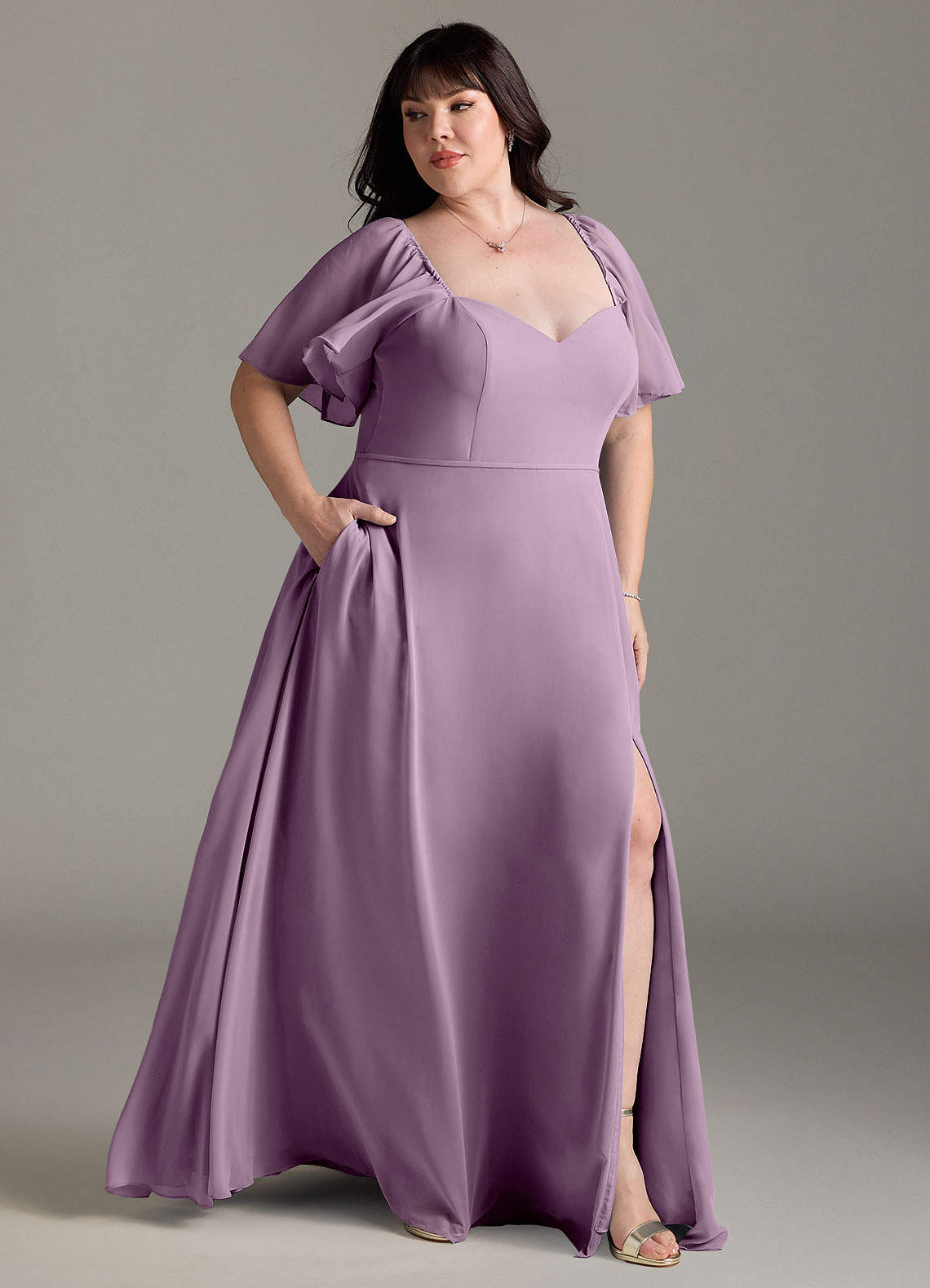 wisteria plus size bridesmaid dresses Spaghetti Strap Empire Ruffle Trimmed Sleeves Dress Wisteria