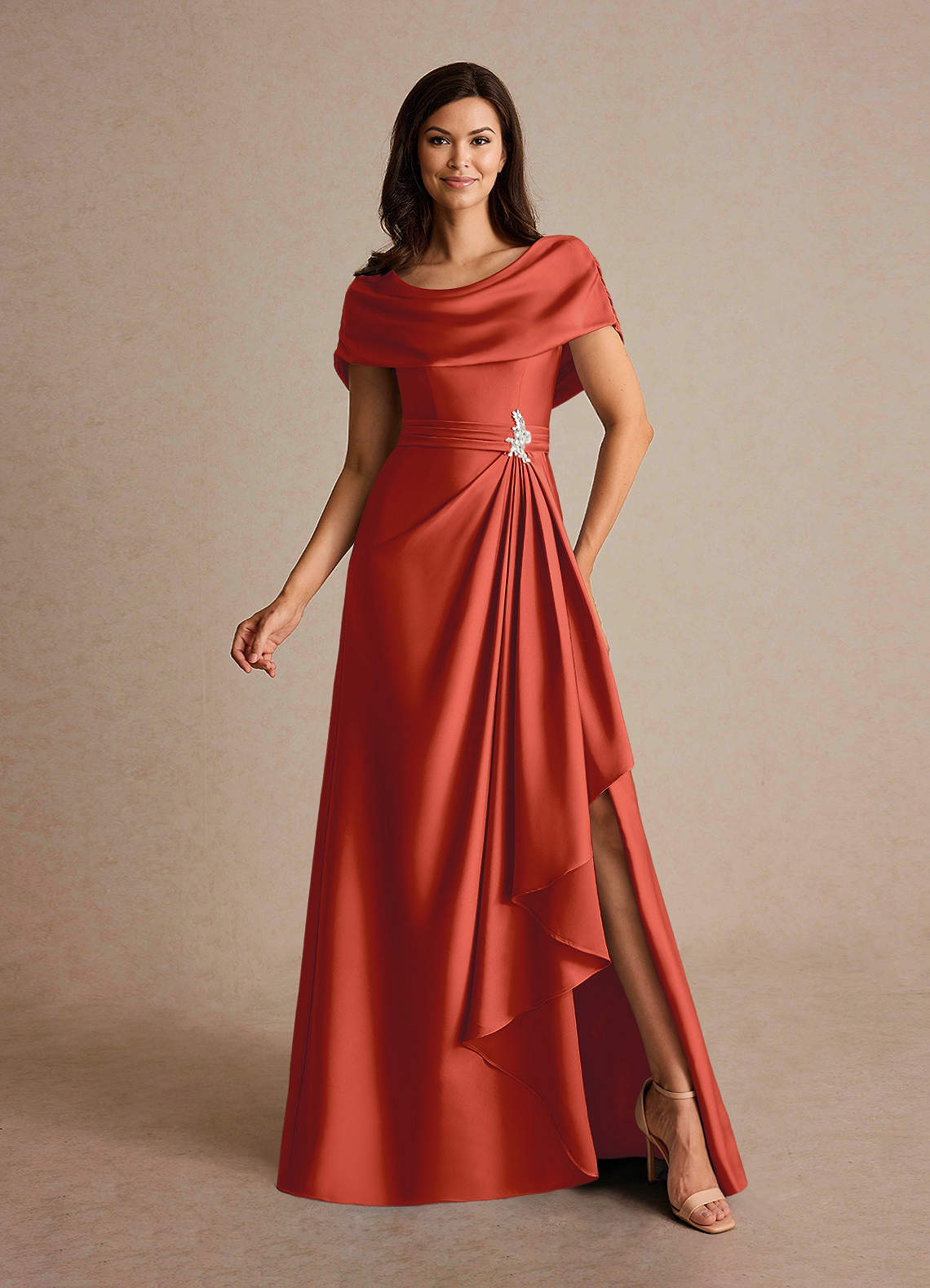Azazie Branford Mother of the Bride Dresses Rust A-Line Pleated Stretch Satin Dress image1