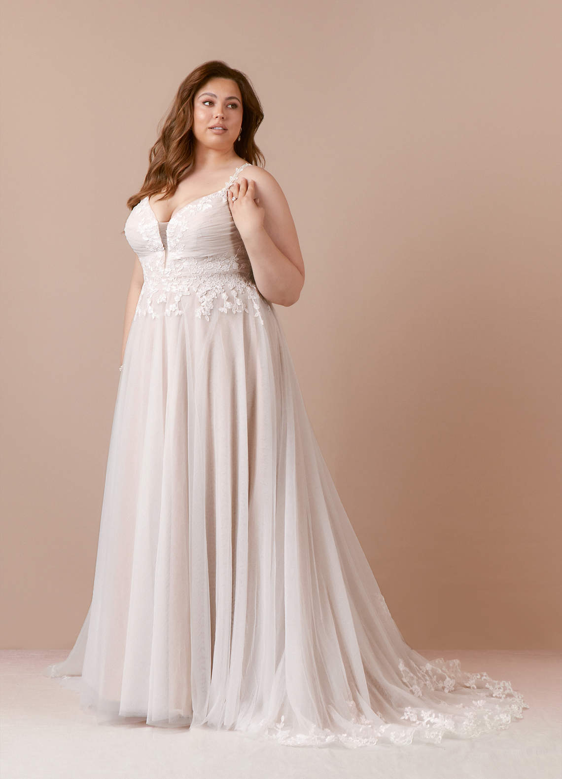 Azazie Devi Wedding Dresses Diamond White Nude A-Line V-Neck Lace Tulle Dress image1
