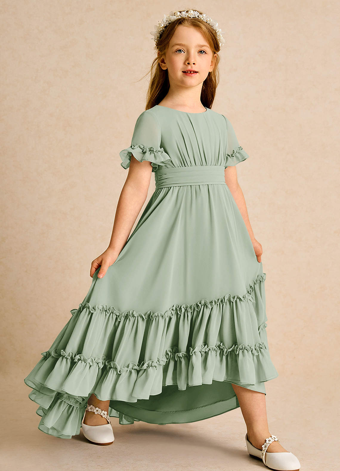 Azazie Kass Flower Girl Dresses Dusty Sage A-Line Pleated Chiffon Dress image1