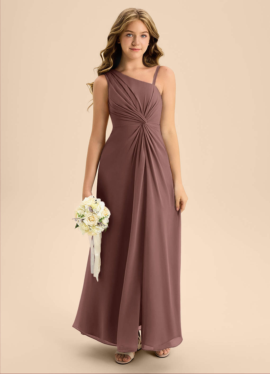 Azazie Brooke Junior Espresso A-Line Side Slit Chiffon Dress image1