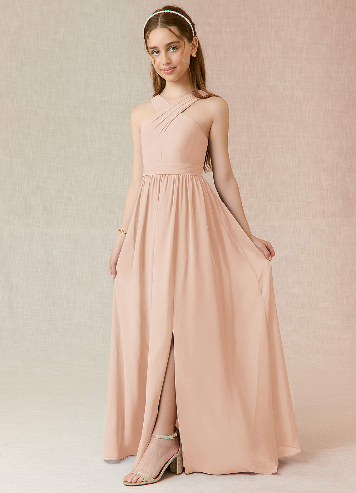 Azazie Jiya Junior Vestido de Rosa Inglesa de Gasa de Corte En A con Plisado image1