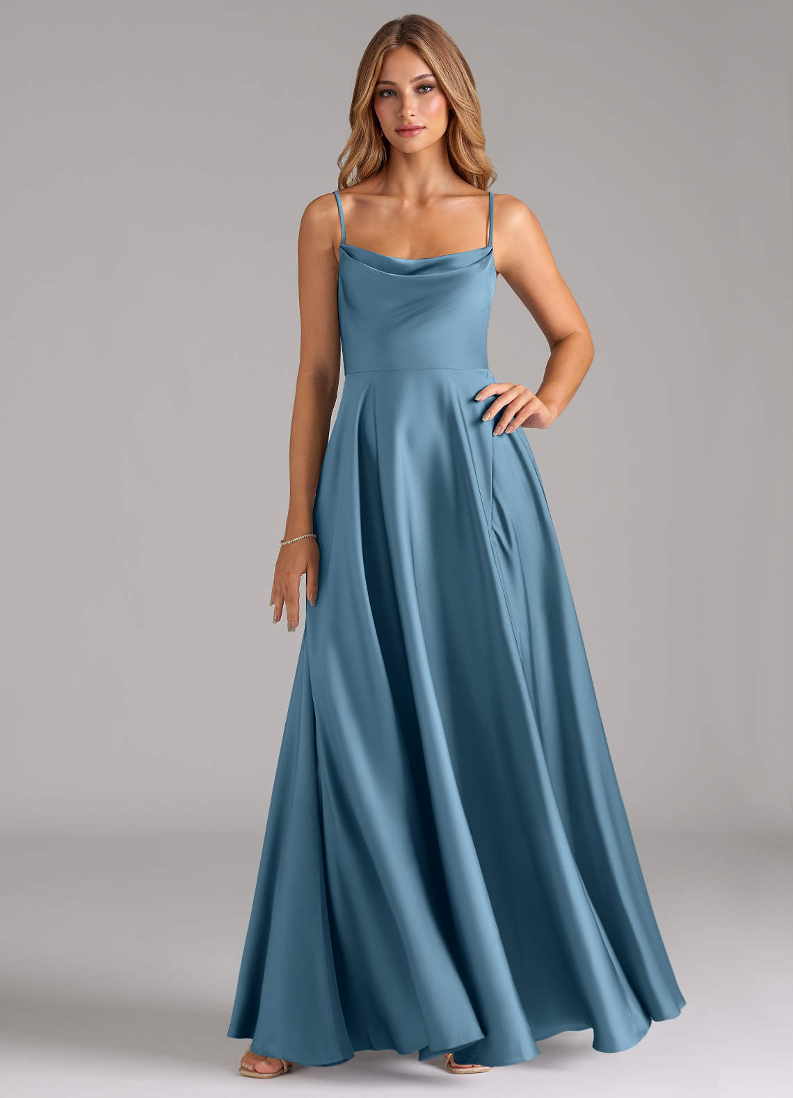 Azazie A-Line Cowl Neck Floor-Length Stretch Satin Bridesmaid Dresses - Steel Blue