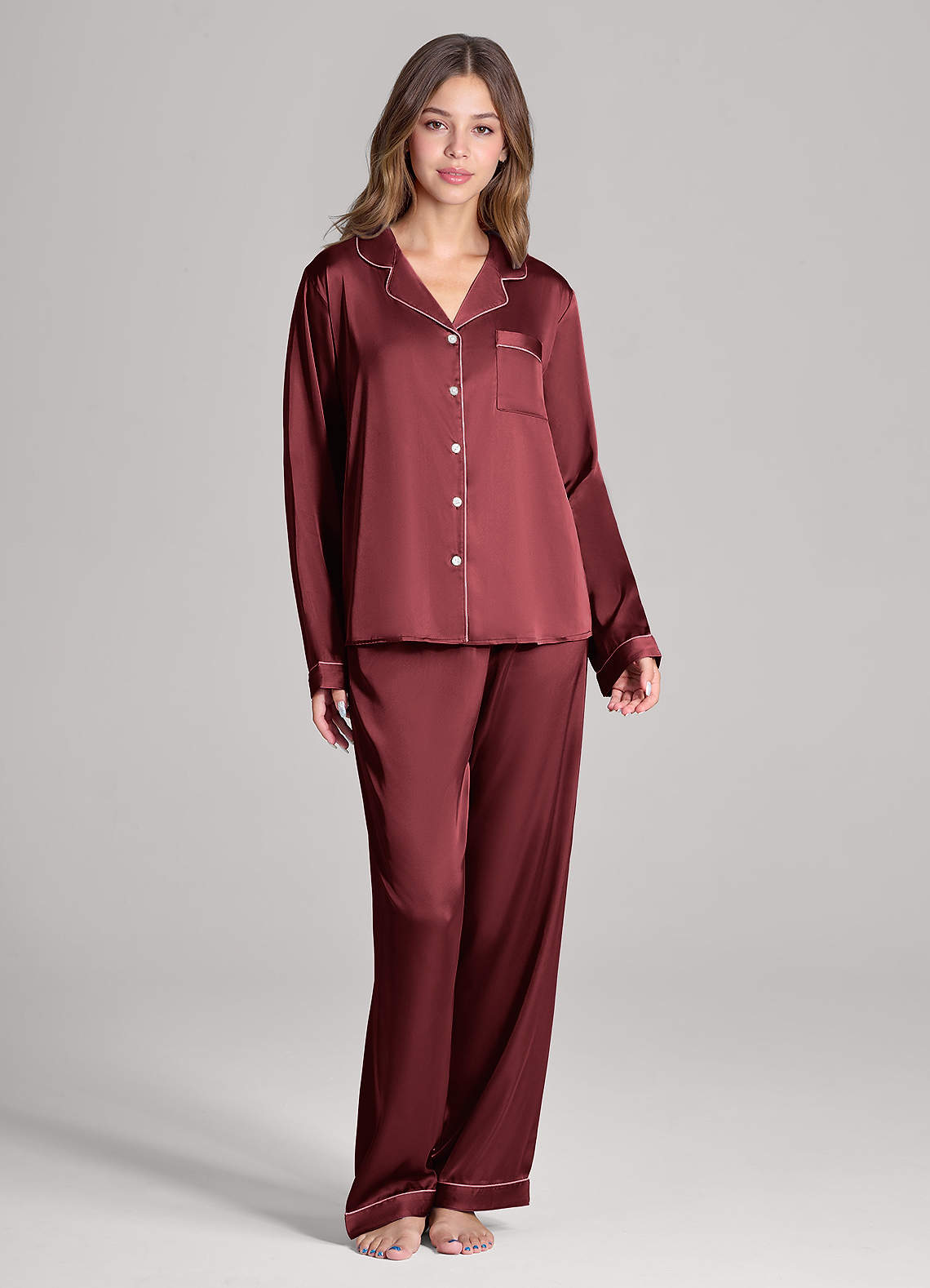 front Long Sleeves and Pants Satin PJ Set