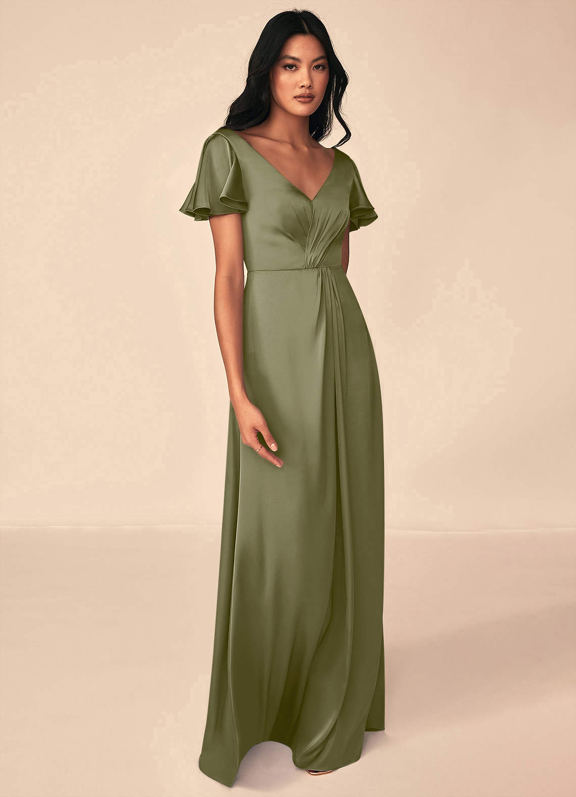 Azazie Soren Klänningar att prova hemma Klä av A-Linje i Stretch Satin Plisserad Kastanjebrunt image3