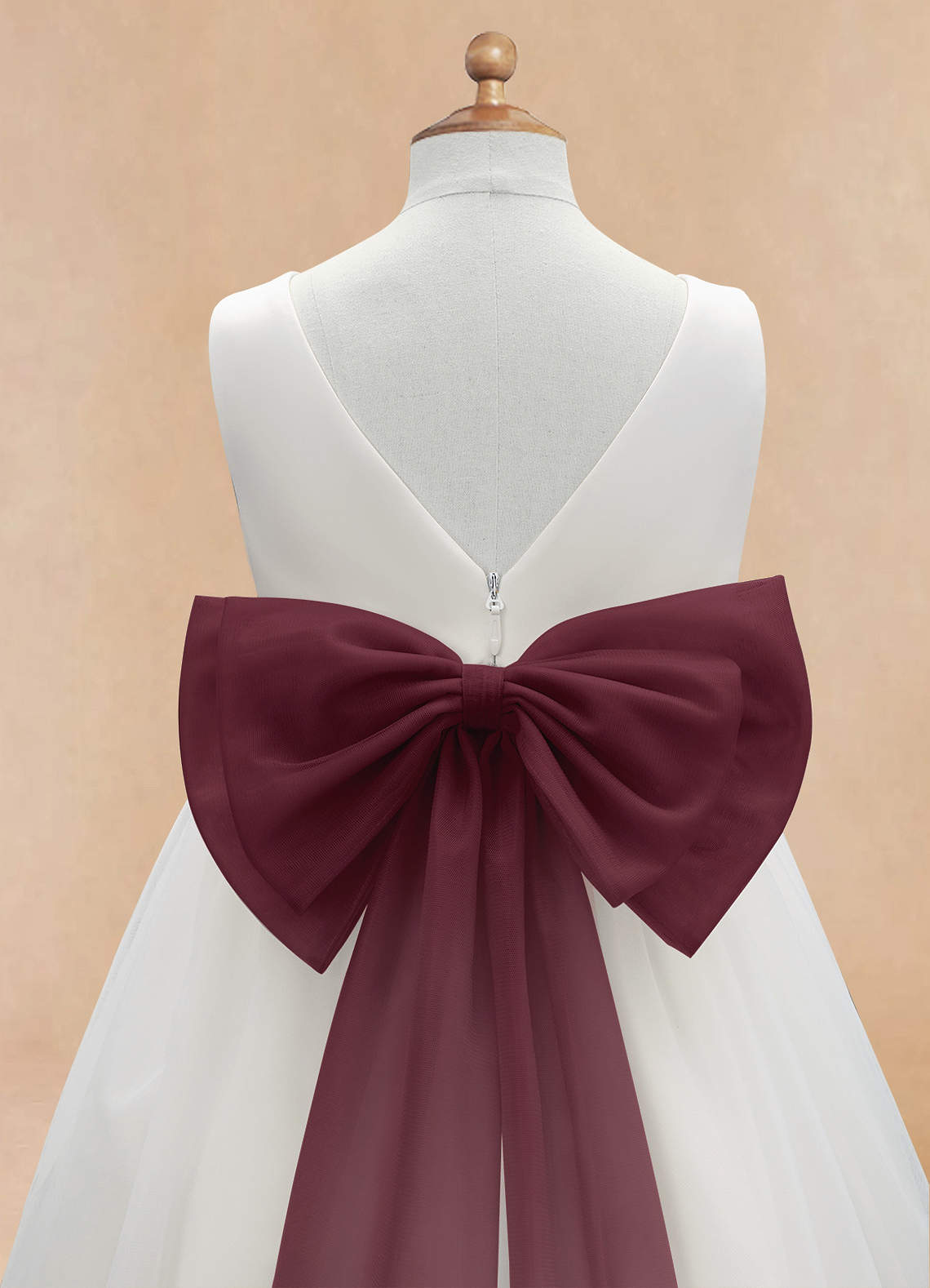 Azazie Kavi Flower Girl Dresses Ivory Cabernet A-Line Bow Matte Satin Dress image9