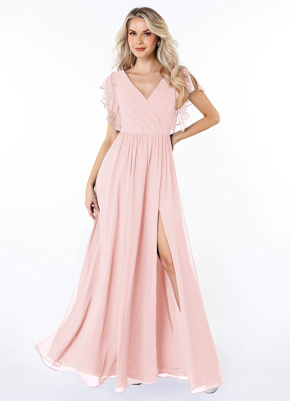 Azazie Zella Jurken voor bruidsmeisjes Jurk van Chiffon met A-Lijn Kant Blozend Roze image1