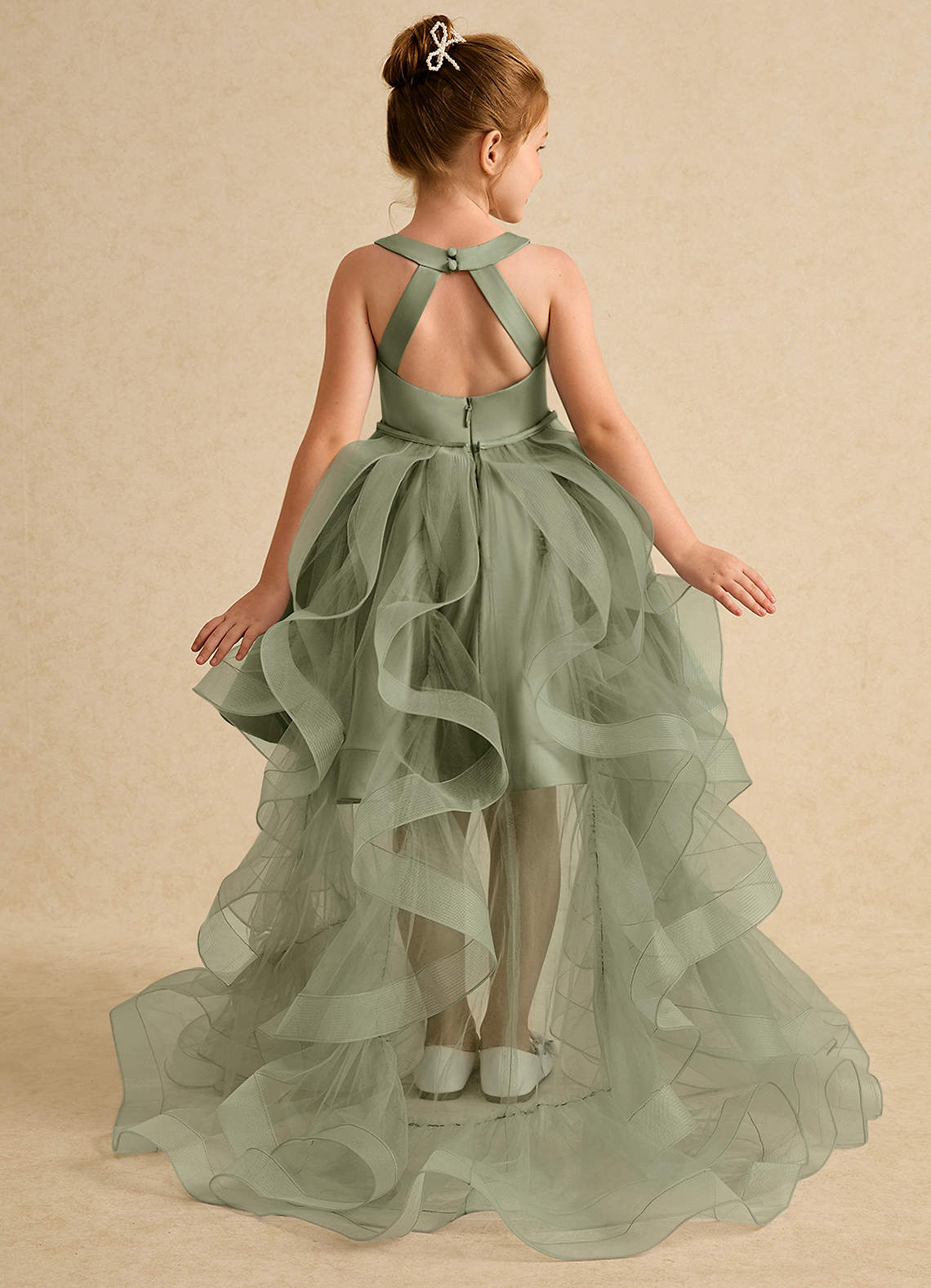 Azazie Julietta Flower Girl Dresses Pistachio Ball-Gown Convertible Tulle Dress image1