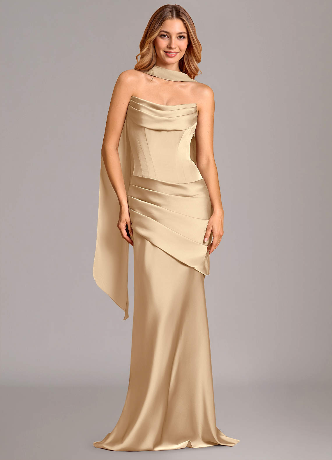 Azazie Pelagia Bridesmaid Dresses Champagne Mermaid Corset Stretch Satin Convertible Dress image1